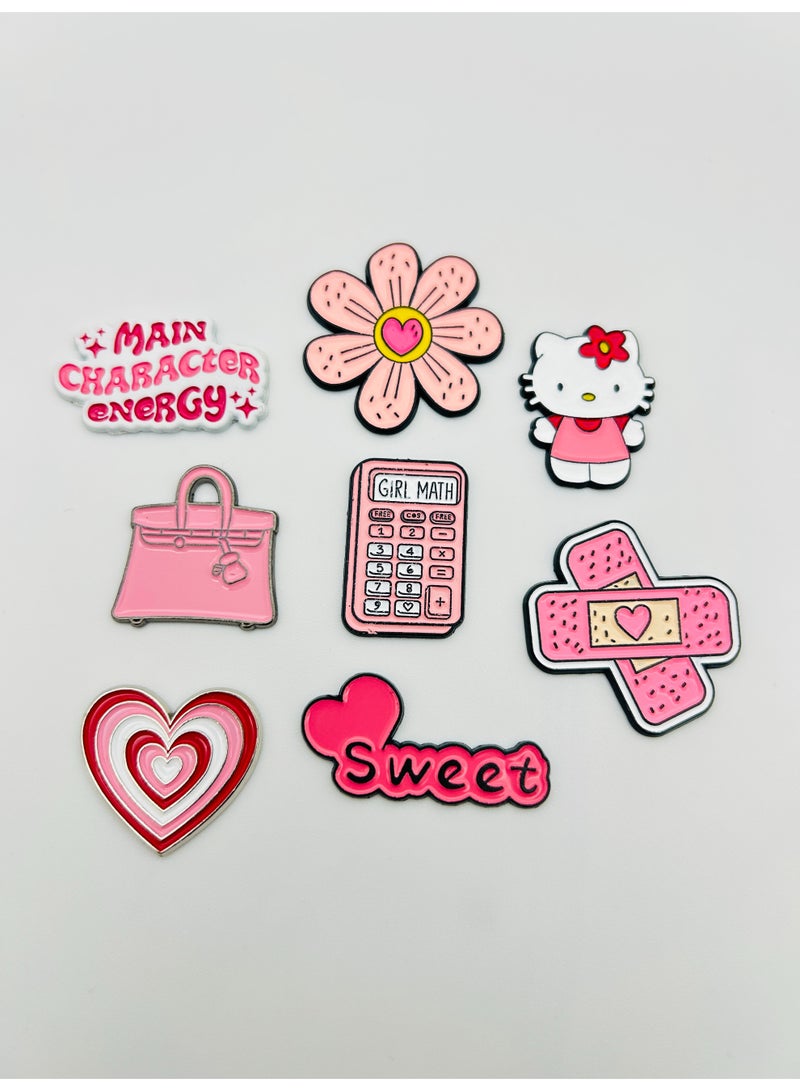 Hello Kitty 8 pieces of Metal stickers - Hello Kitty logo and Pink flower logo and Pink Handbag logo and Girl Math Calculator logo and Heart Band-Aid logo and Sweet" Heart logo and Main Character Energy logo and Heart logo - Premium Quality Metal for Mobile, Laptop, Backpacks and more. - Image 1